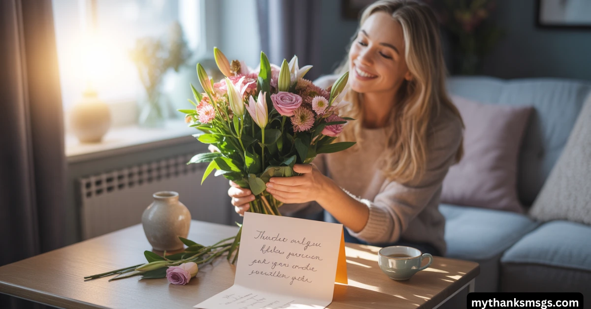 Create a realistic leonardo prompt for title: [115+ Warm Thank You for Flowers Message]