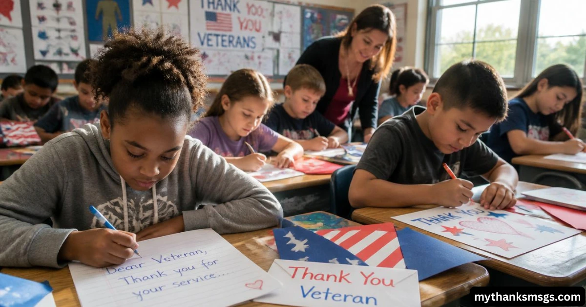 A heartwarming, photorealistic classroom scene where a diverse group of elementary and middle school students are thoughtfully writing handwritten thank-you letters to military veterans or former service members from their own country. The classroom features culturally neutral decorations with national colors, student artwork expressing gratitude, and neatly arranged stationery, envelopes, and handmade appreciation cards. A caring teacher encourages the students as warm natural sunlight pours through large windows, creating a calm and respectful atmosphere. In the foreground, one student carefully writes a heartfelt letter beginning with, "Dear Veteran, thank you for your service and sacrifice," while another decorates a card with stars, hearts, and symbols of peace. The overall setting reflects patriotism and appreciation without focusing on any specific nation, making it suitable for schools in different countries. The mood is sincere, respectful, and inspiring, highlighting gratitude, education, and community values. Ultra-realistic photography, authentic classroom environment, natural facial expressions, soft cinematic lighting, shallow depth of field, 8K resolution, HDR, professional documentary-style composition, highly detailed, no visible text, no flags of any specific country, no logos, no watermark.
